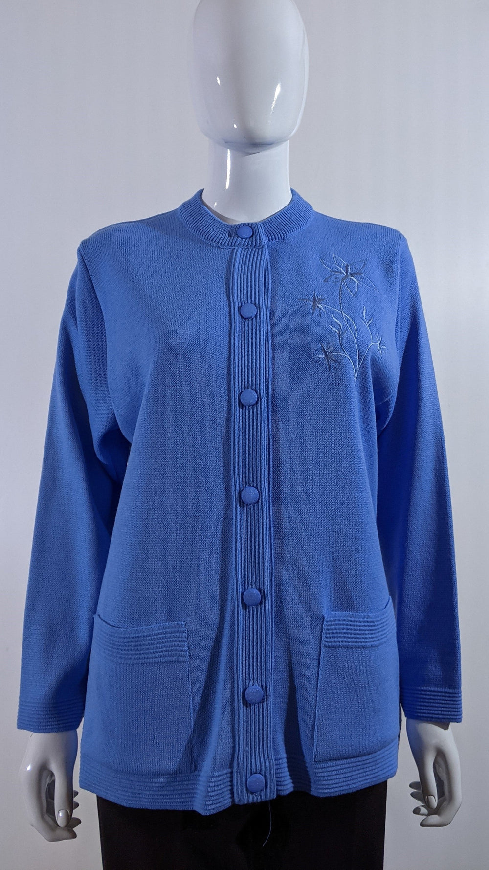 Blue Round Neck Button Pocket Cardigan