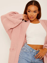 Blush Pink Balloon Sleeves Knitted Longline Open Cardigan