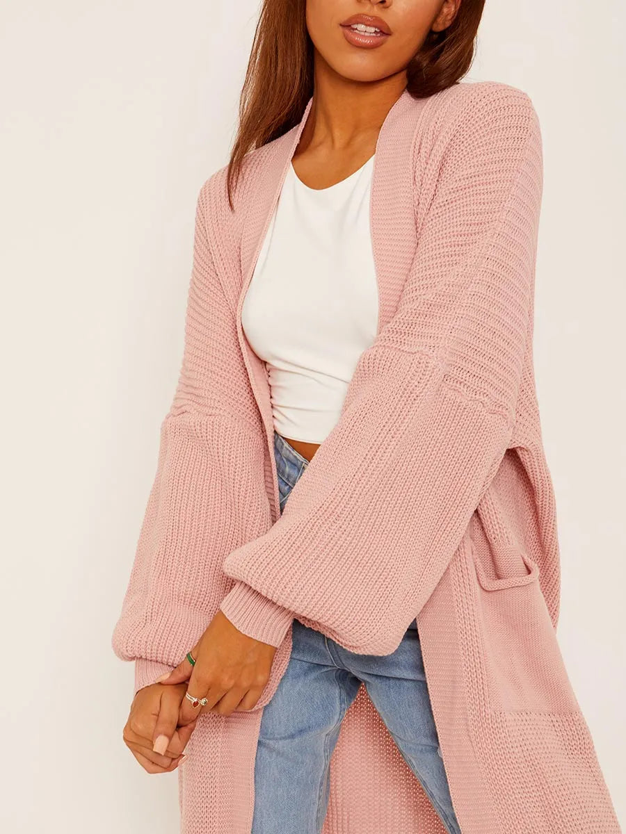 Blush Pink Balloon Sleeves Knitted Longline Open Cardigan