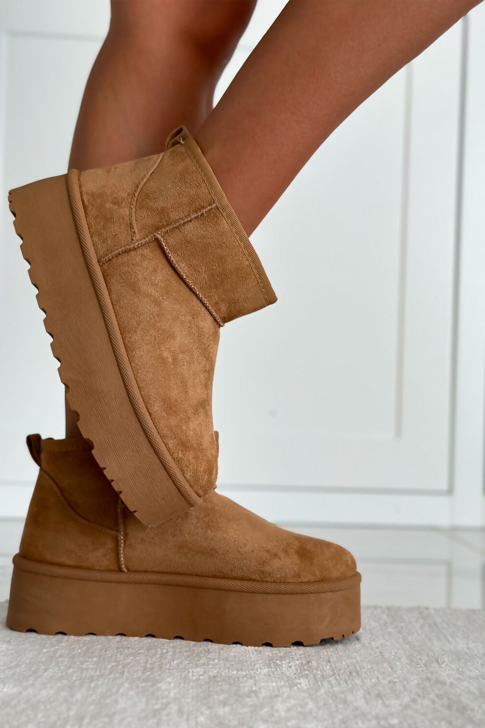 Camel Chunky Platform Fur Lined Ankle Snugg Mini Boots