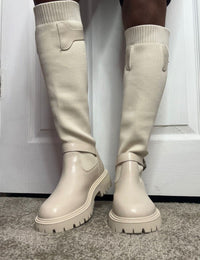 Cream Knee High Buckle Detail Sock Chunky Boots