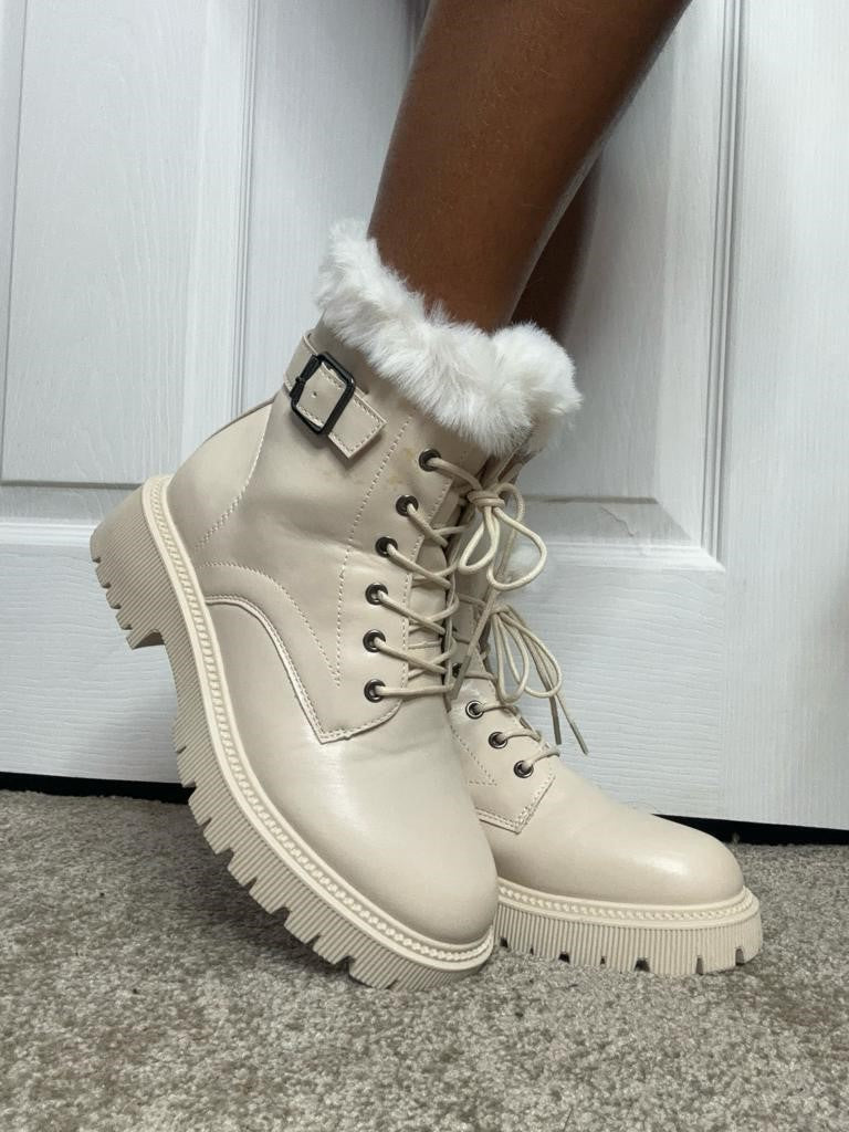 Cream Lace Up Chunky Fur Ankle Boots