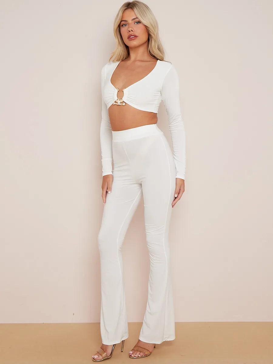 Cream Long Sleeves Ring Detail Crop Top & Flare Trousers Co-ord Set