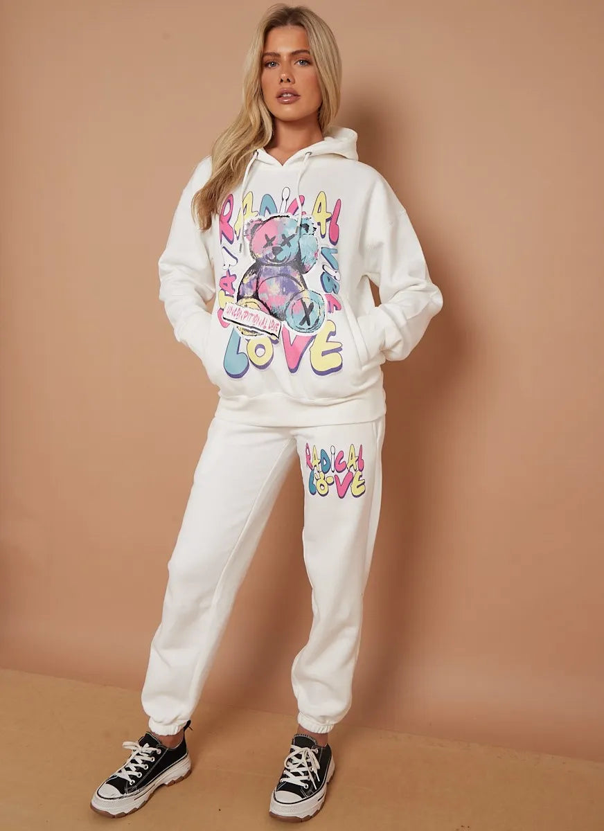 Cream Teddy Bear Oversized Hoodie & Jogger Graphic Loungewear Co-ord