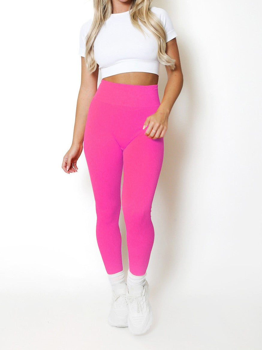 Fuchsia Pink High Waist Ribbed Seamless Gym Leggings