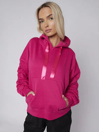 Fuchsia Pink Ribbon Drawstring Ruched Sleeves Fleeced Hoodie