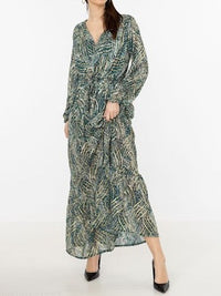 Green Gold Detail Wrap Front Long Sleeves Maxi Dress 