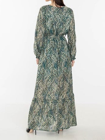 Green Gold Detail Wrap Front Long Sleeves Maxi Dress 