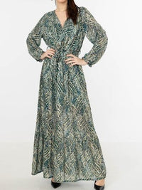 Green Gold Detail Wrap Front Long Sleeves Maxi Dress 