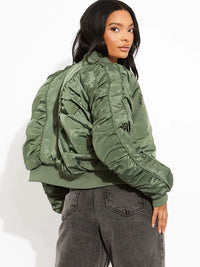 Green Ruched Sleeves Zipped Bomber Jacket