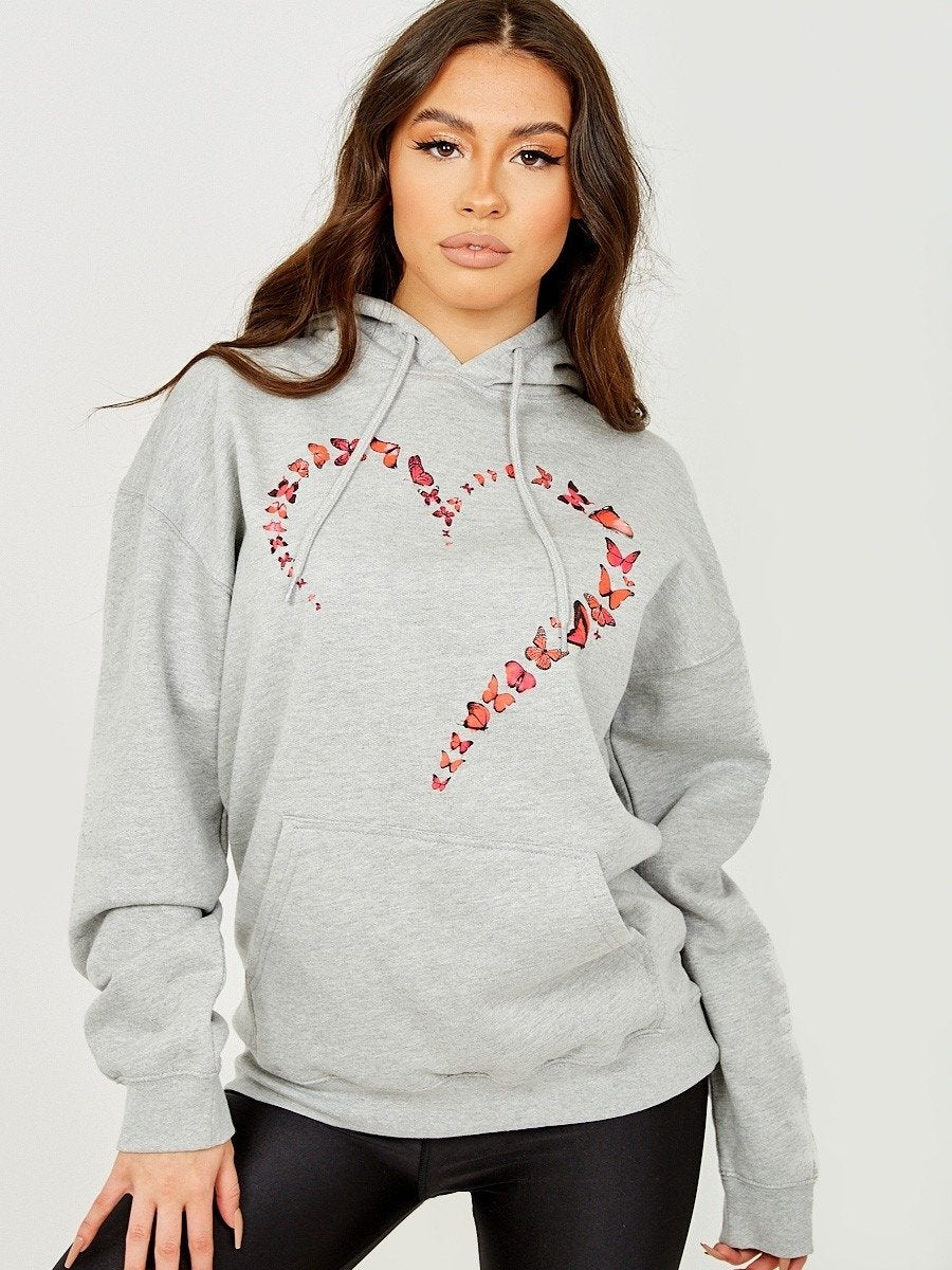 Grey Butterfly Heart Graphic Fleeced Hoodie