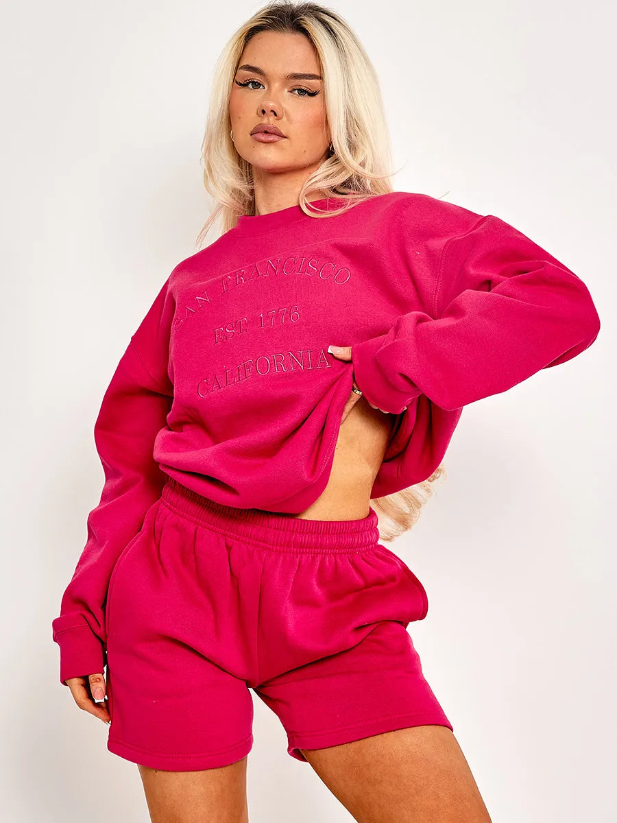 Hot Pink Embroidered San Francisco Sweatshirt & Shorts Co-ord Set