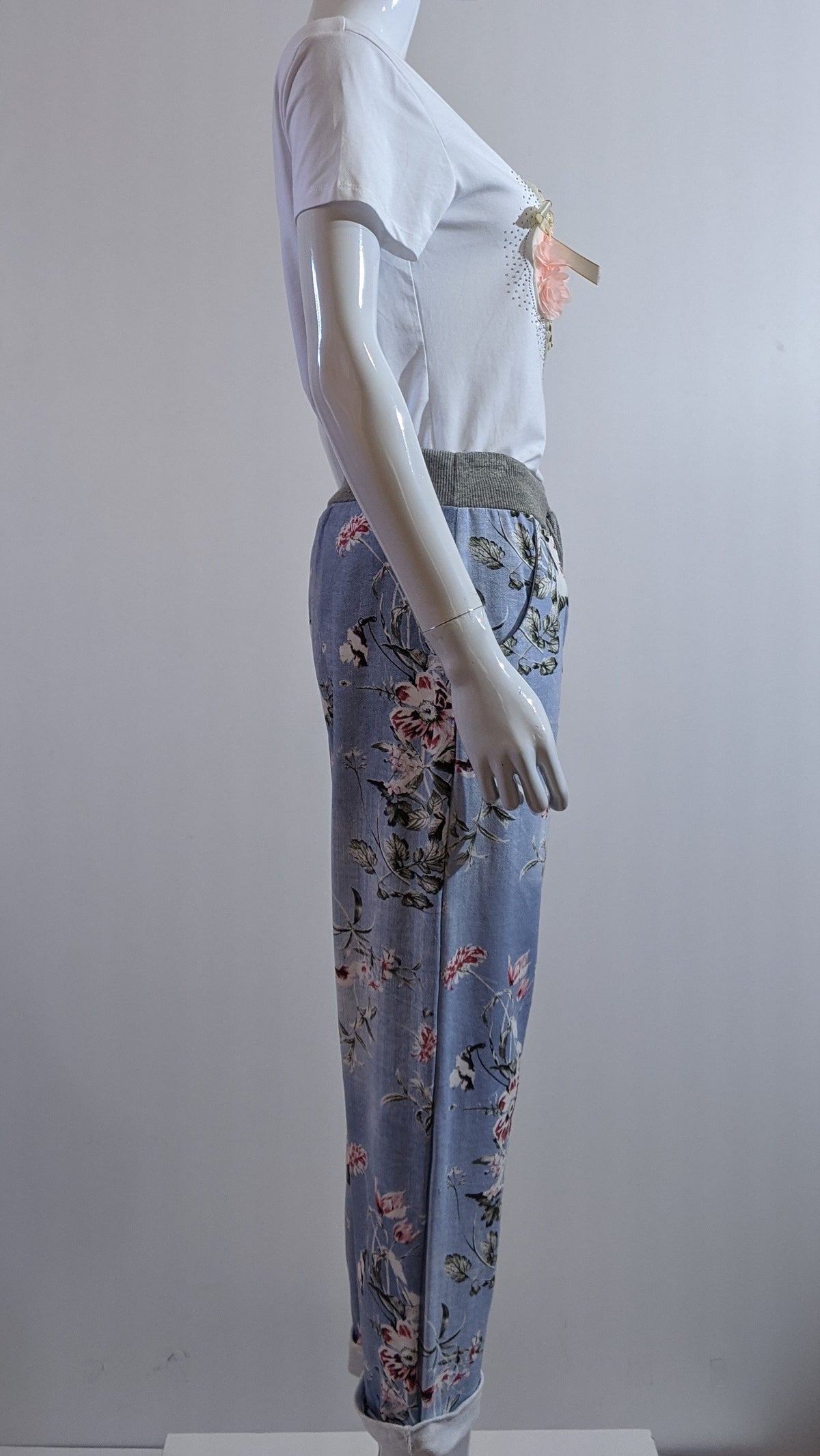 Denim Floral Print Trouser