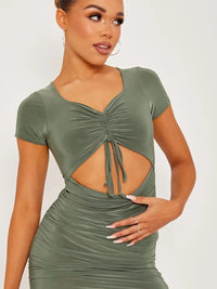 Khaki Front Ruched Slinky Cut Out Dress