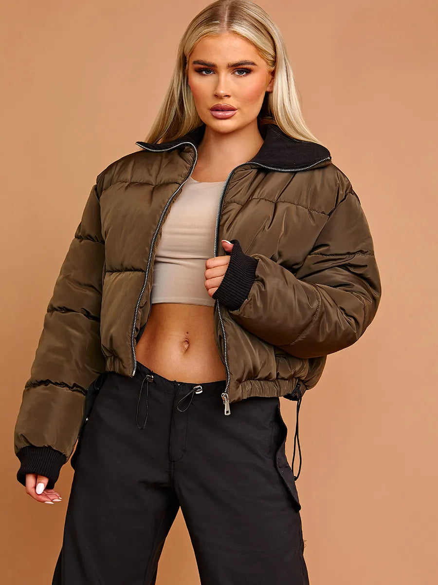 Khaki Green Rib Collar Detail Cropped Puffer Jacket