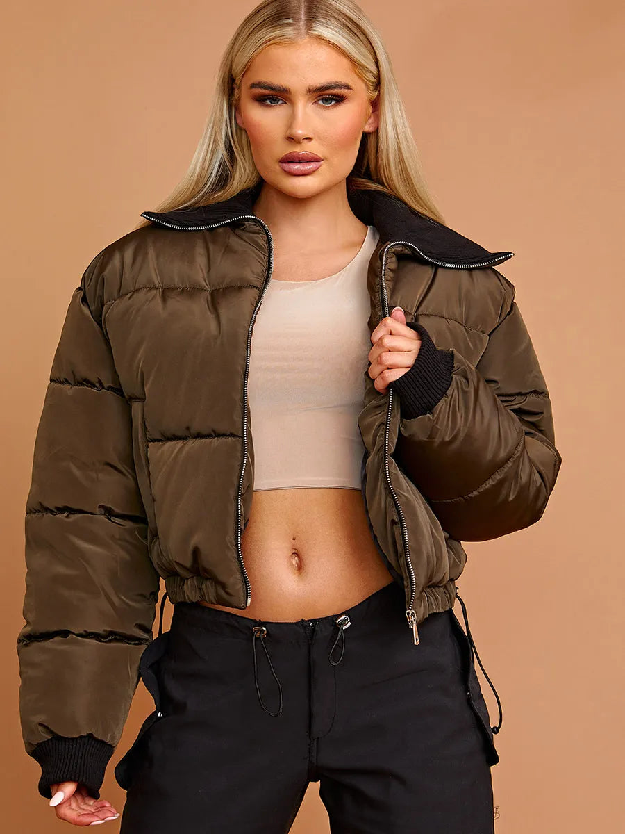 Khaki Green Rib Collar Detail Cropped Puffer Jacket