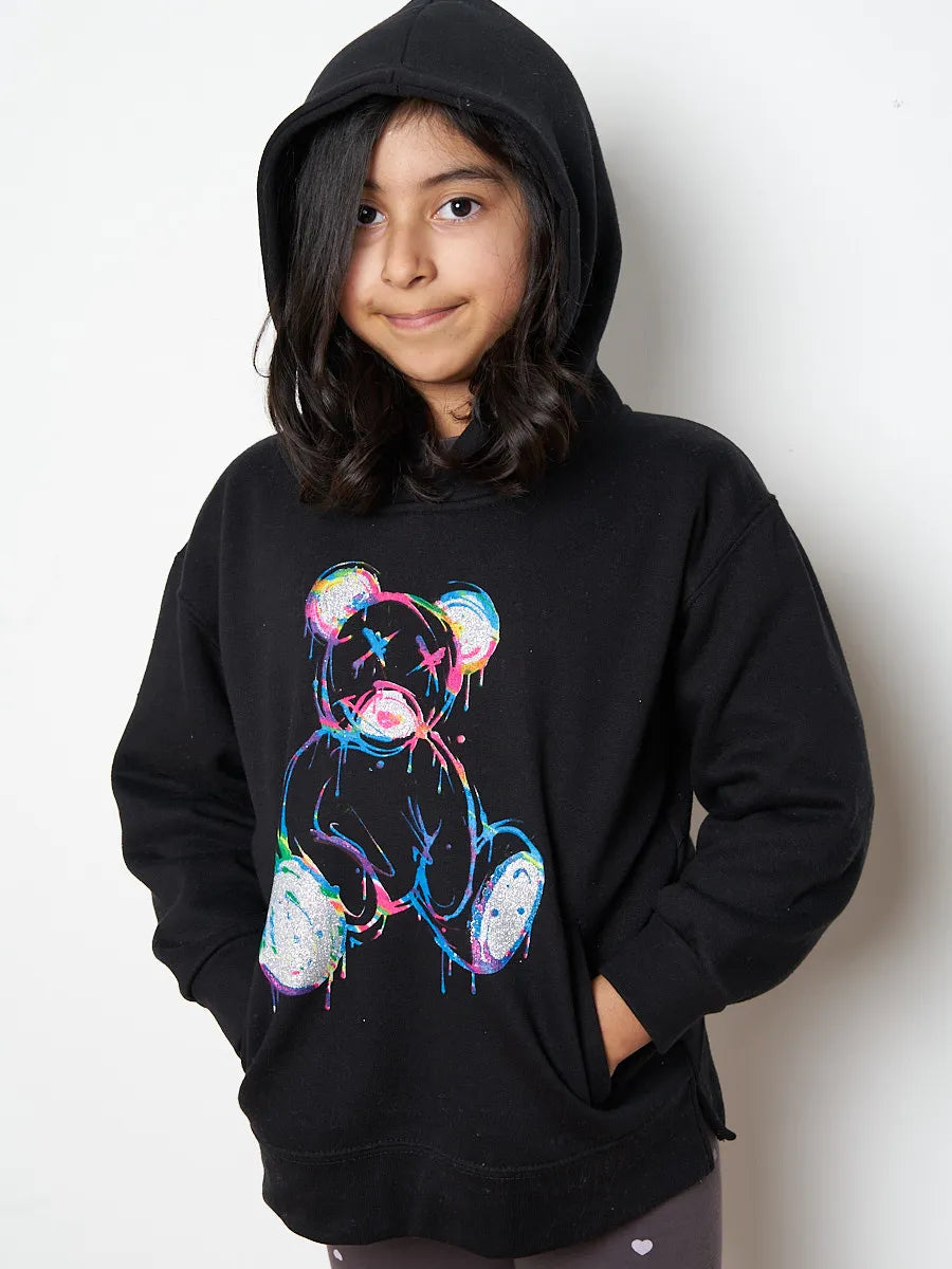 Kids Cute Black Teddy Bear Graphic Print Fleeced Hoodie