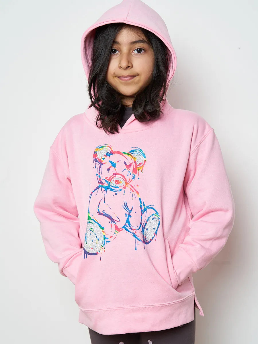 Kids Cute Pink Teddy Bear Graphic Print Fleeced Hoodie