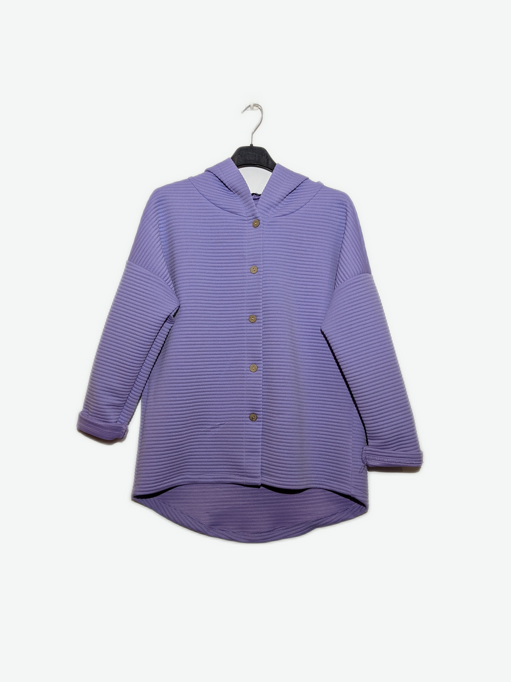 Lilac Purple Ribbed Lightweight Button Hooded Jacket