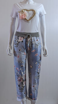 Denim Floral Print Trouser