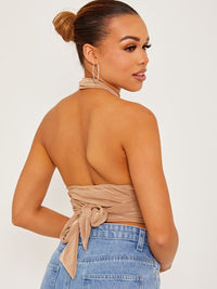 Mocha Halterneck Cross Front Tie-Knot Slinky Crop Top