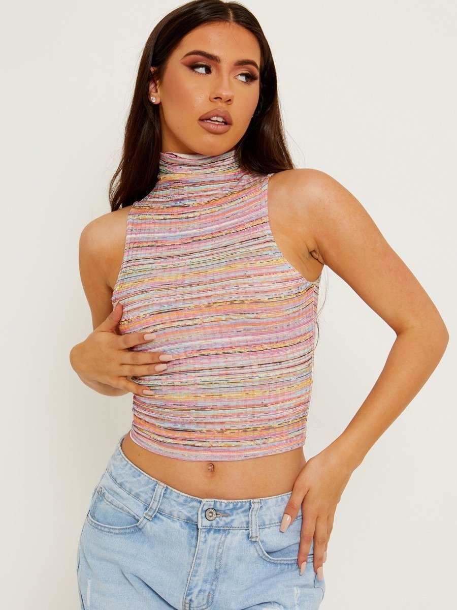 Pink Multi Coloured High Neck Vest Top