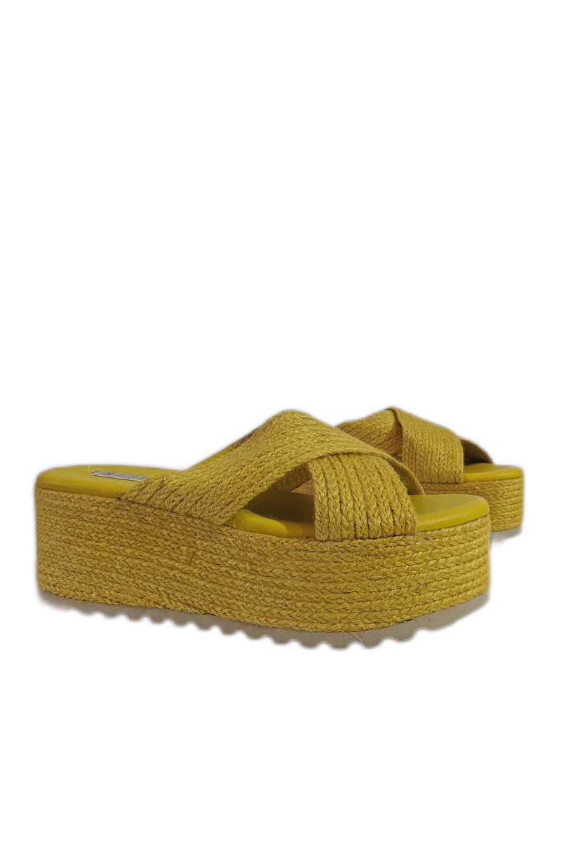 Mustard Jute Platform Crossover Mule Sandals