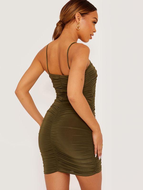 Olive Ruched Slinky Cami Dress