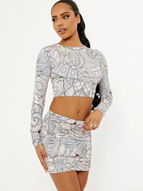 Pastel Printed Slinky Crop Top & Ruched Skirt Co-Ord Set