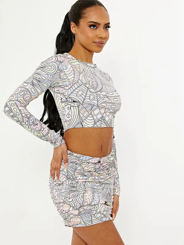 Pastel Printed Slinky Crop Top & Ruched Skirt Co-Ord Set