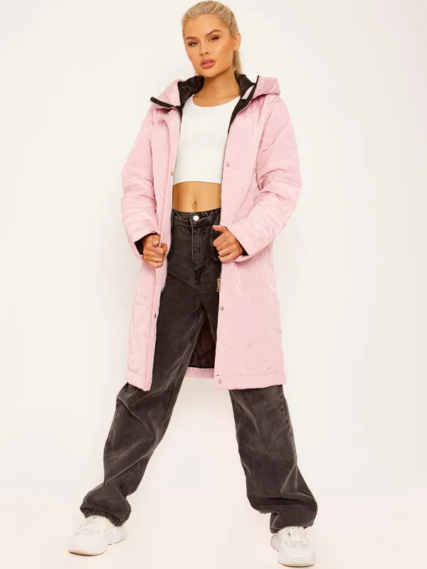 Pink Onion Quilted Long Sleeves Longline Hooded Coat