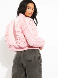 Pink Ruched Sleeves Zipped Bomber Jacket