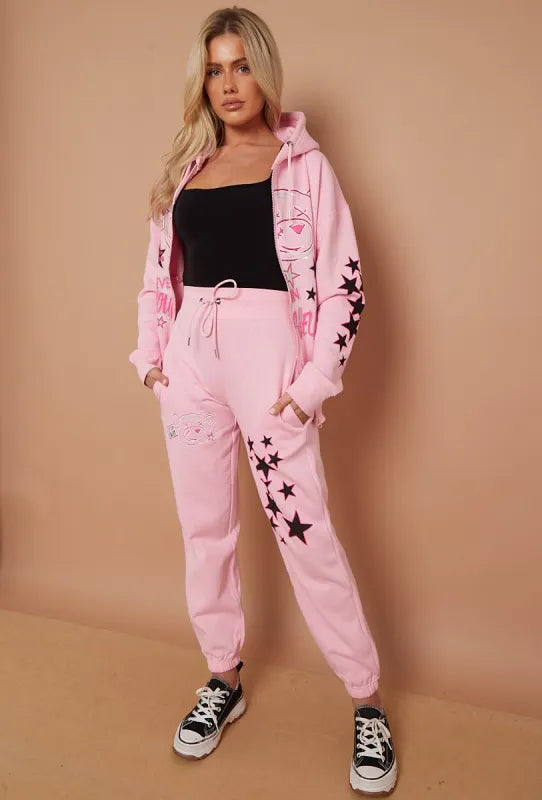 Pink Teddy Bear Zip Hoodie & Joggers Loungewear Co-ord Set