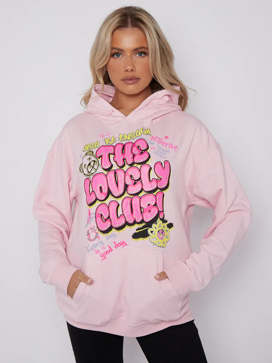 Pink The Lovely Club Graphic Print Oversized Hoodie