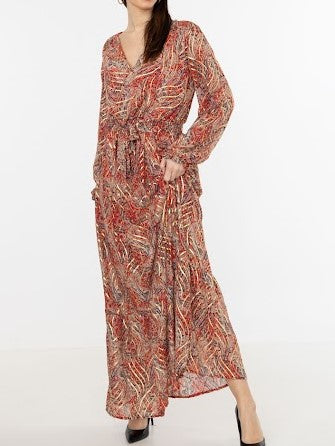 Red Gold Detail Wrap Front Long Sleeves Maxi Dress