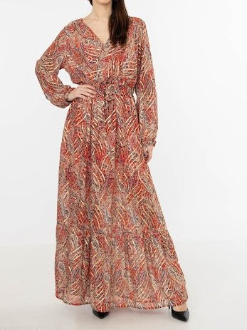 Red Gold Detail Wrap Front Long Sleeves Maxi Dress