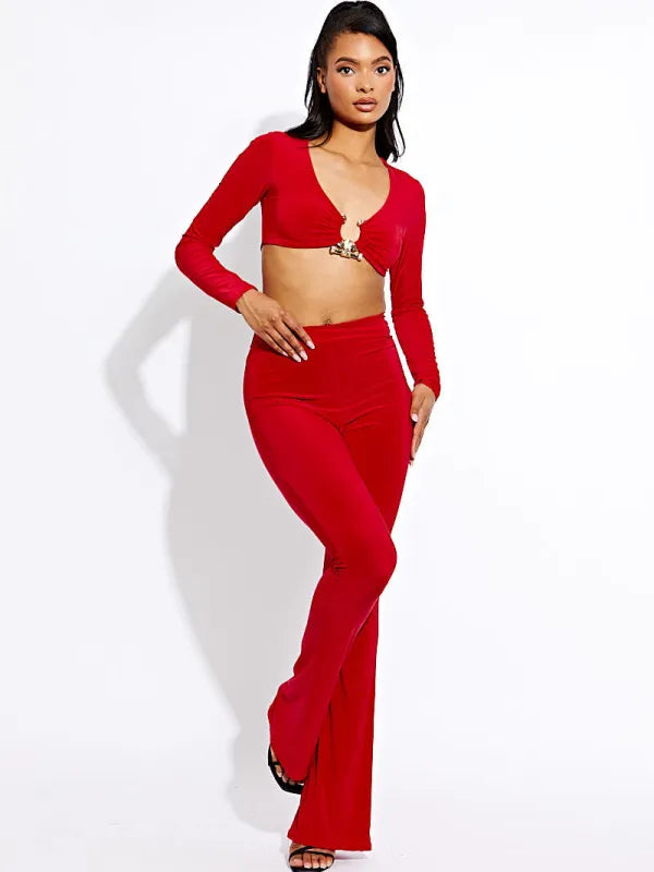 Red Long Sleeves Ring Detail Crop Top & Flare Trousers Co-ord Set