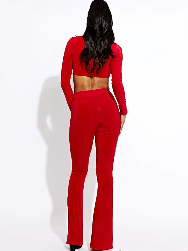 Red Long Sleeves Ring Detail Crop Top & Flare Trousers Co-ord Set