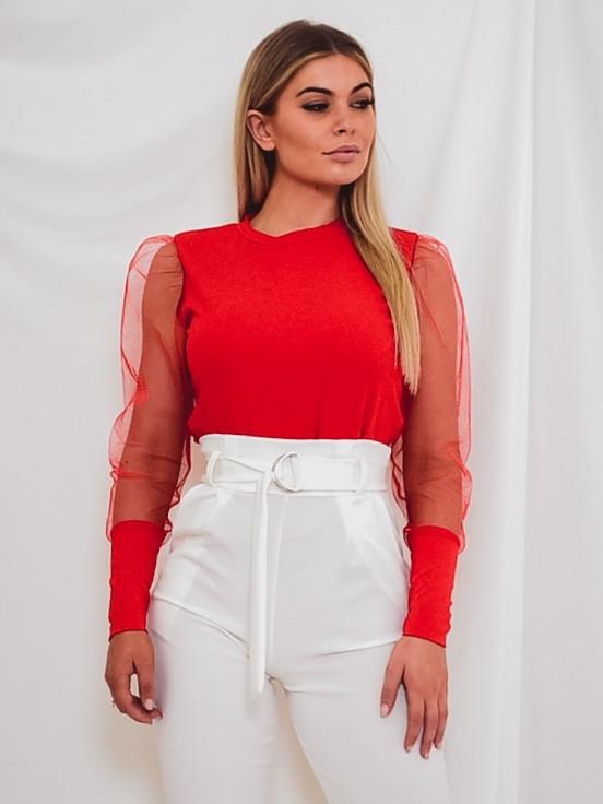 Red Mesh Puff Sleeve Top