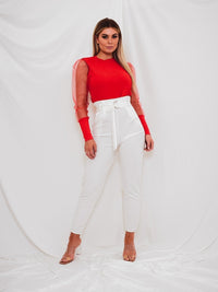 Red Mesh Puff Sleeve Top