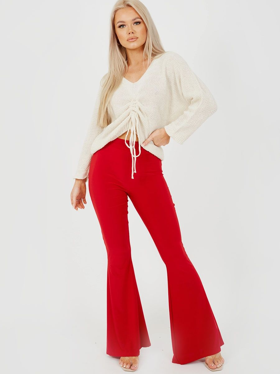 Red Ruched Scrunch Back Slinky Flared Trousers