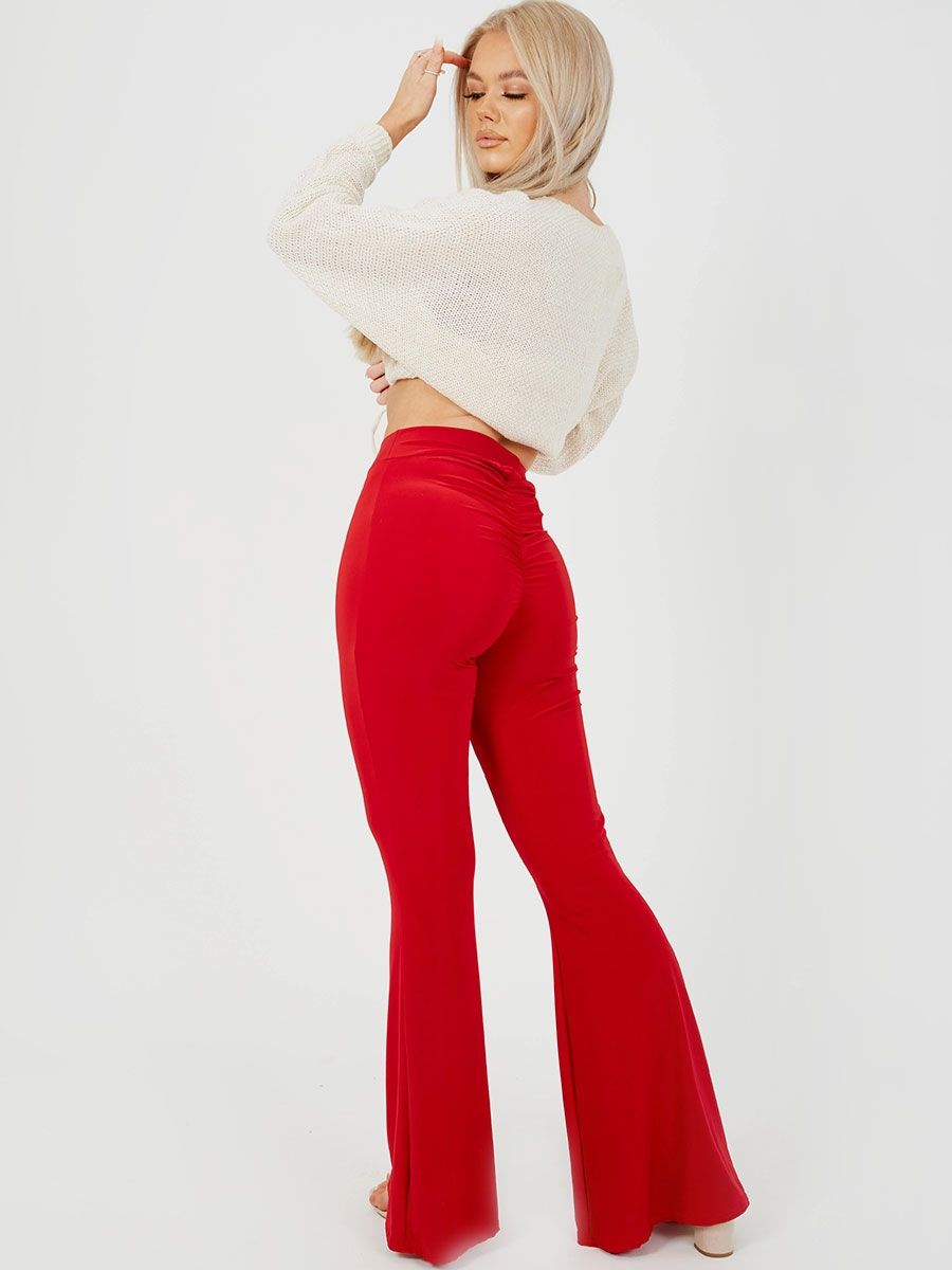 Red Ruched Scrunch Back Slinky Flared Trousers –