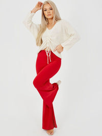 Red Ruched Scrunch Back Slinky Flared Trousers