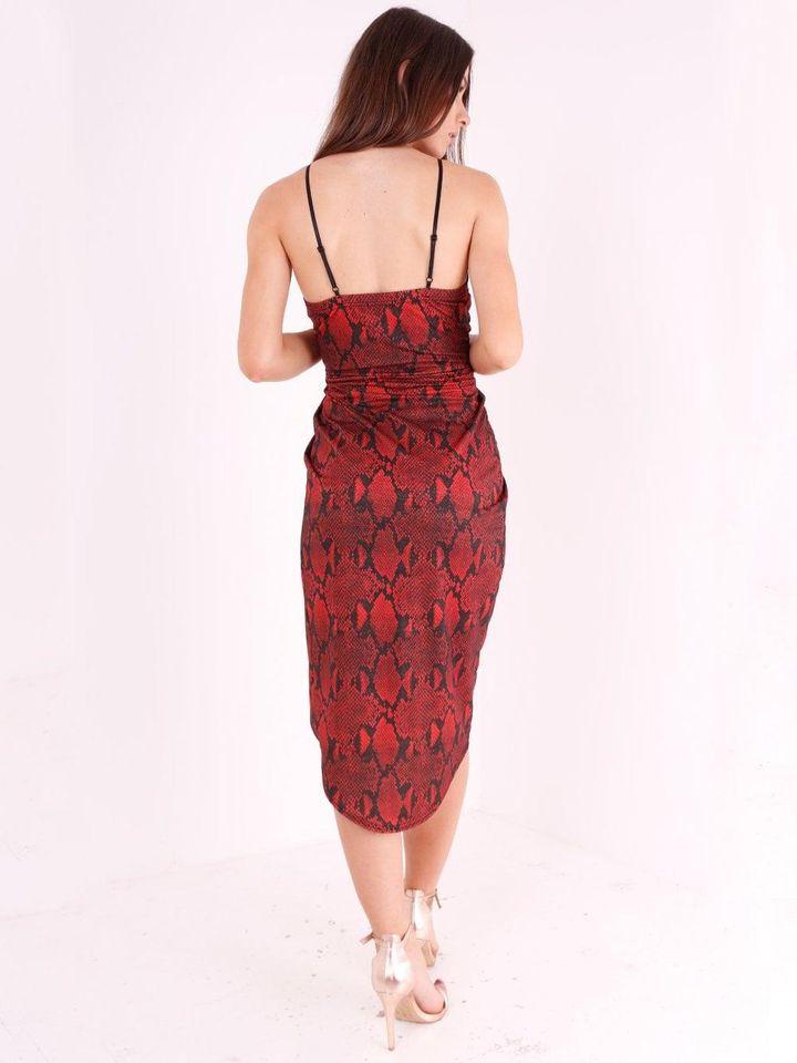 Red Wrap Split Snake Print Dress