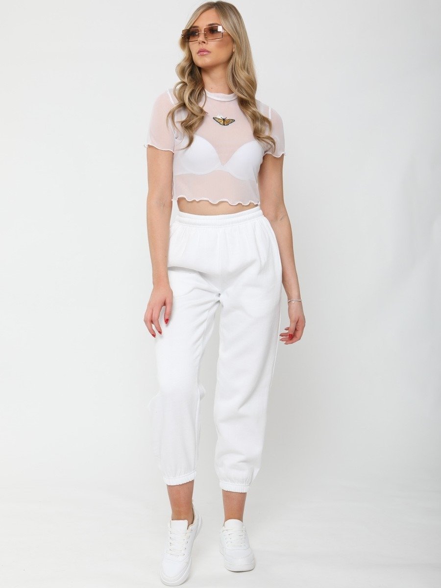 White Butterfly Embroidered Mesh Crop Top