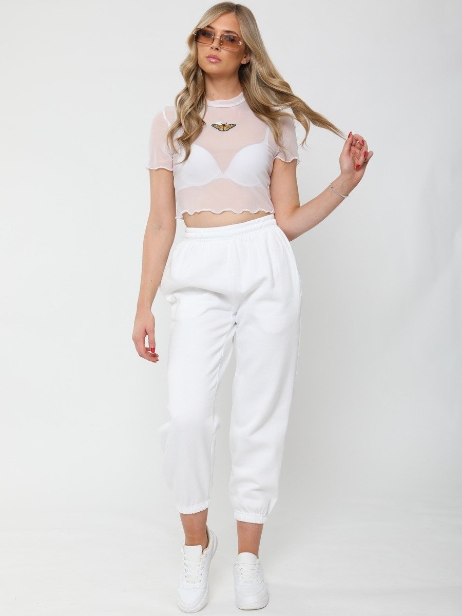 White Butterfly Embroidered Mesh Crop Top