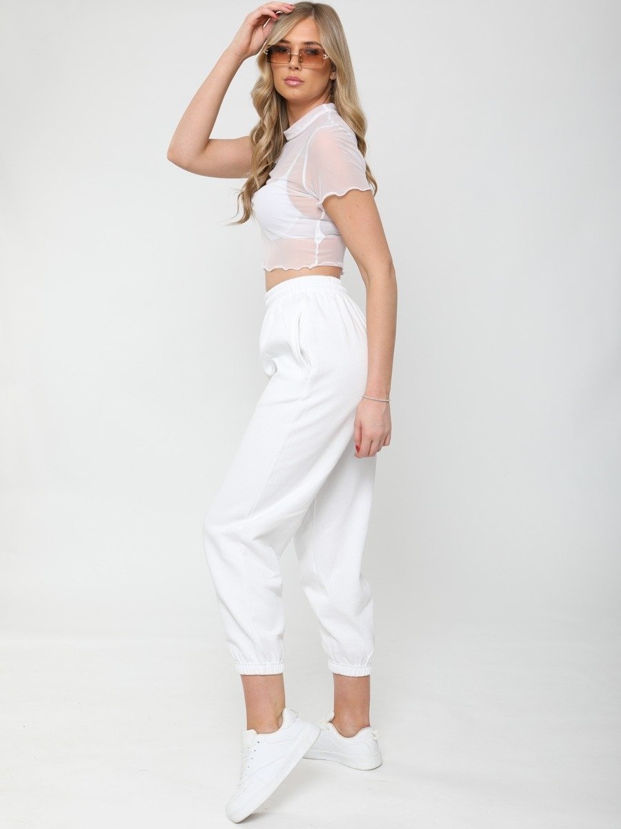 White Butterfly Embroidered Mesh Crop Top