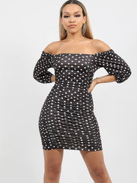 Black Polka Dot Satin Ruched Dress