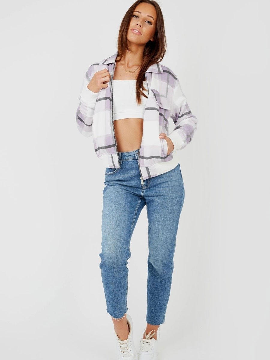  Lilac Zipped Checked Jacket