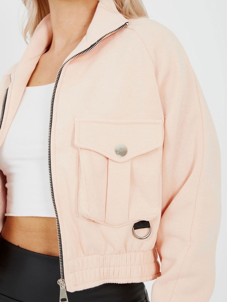 Pink Pocket Fleeced Cropped Jacket